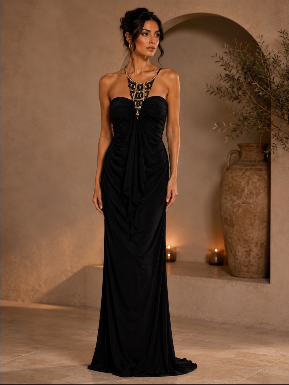 Embellished Halter sleeveless Black Maxi Dress.